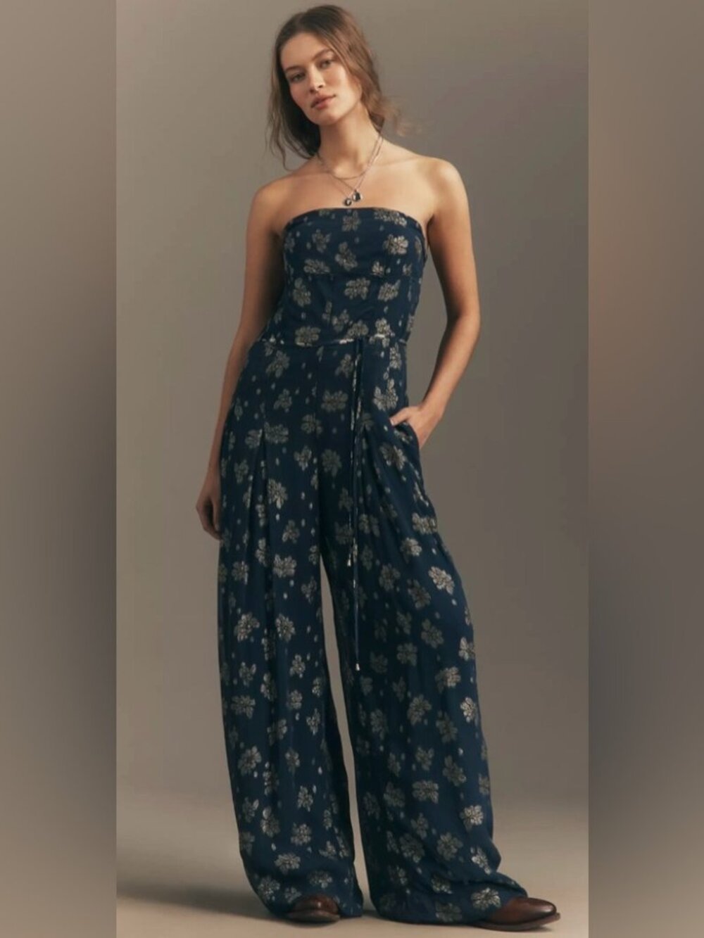 NWT Anthropologie Strapless Shine Wide-Leg Jumpsuit Navy Gold Floral Size 16